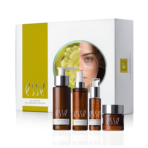 Esse skincare start kitt for en tørr hud. eller bruk som reisesett. Inneholder rens, mist, serum og krem