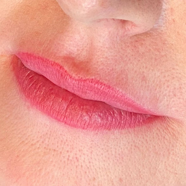 Permanent makeup av lepper, jevn farge og naturlig kontur, utført med lip blush-teknikk for et friskt og varig resultat. Pmu lepper, Lip blush utført hos Fresh Up Hudpleie på Greverud senter, Oppegård
